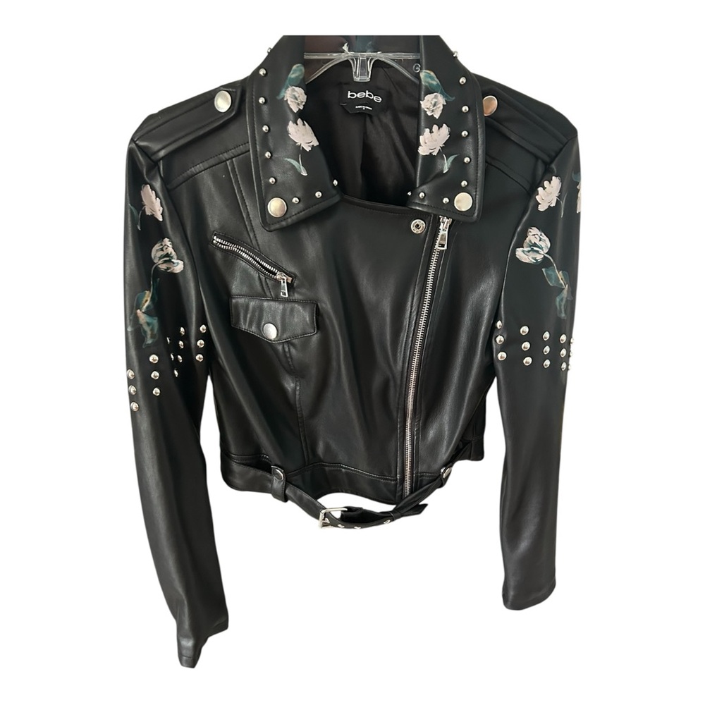 Bebe Black Faux Leather Moto Jacket Sz S Black w/Floral Detail Studded Zippers - Picture 3 of 10